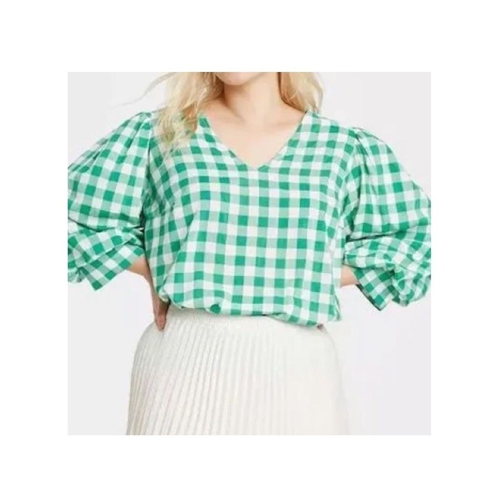 A NEW DAY Women's Balloon Sleeve Green White Gingham Top Size 2X